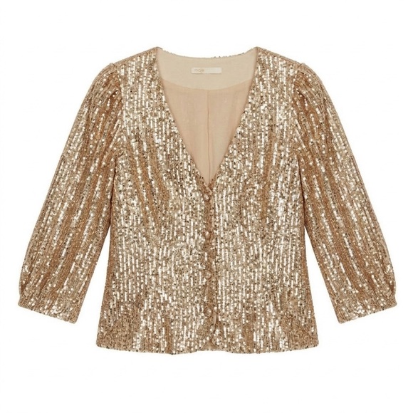 Maje Champagne Sequin V-Neck Button-Front Top - Picture 3 of 7